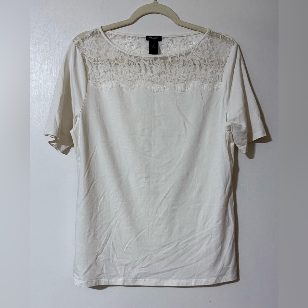 Ann Taylor Lace Yoke Short Sleeve Top Cotton Blend Knit Blouse Large - Picture 2 of 7